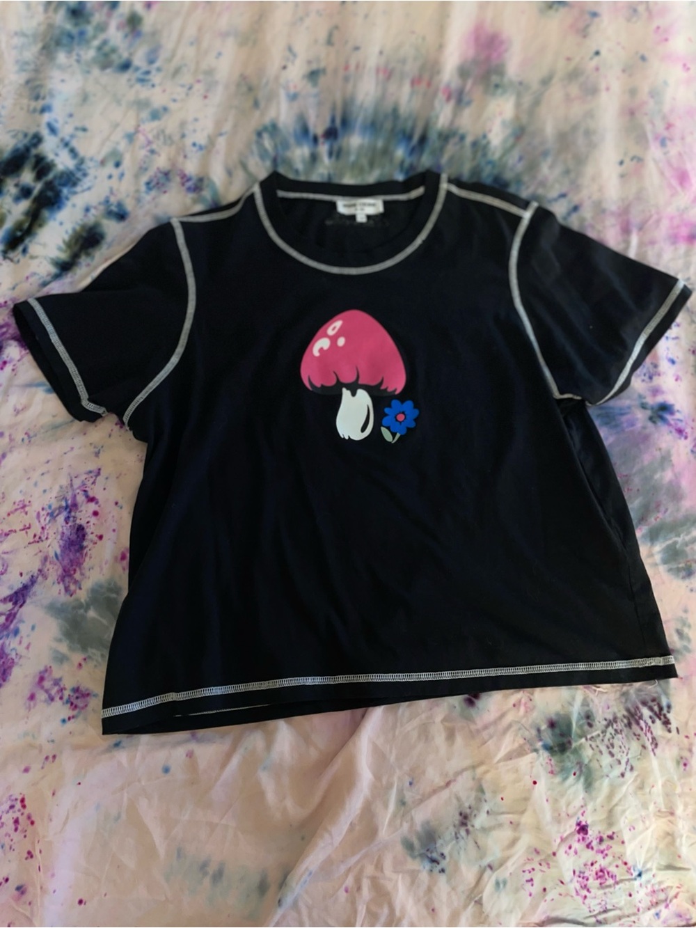 Opening Ceremony Black Tee with Red Mushroom Graphic